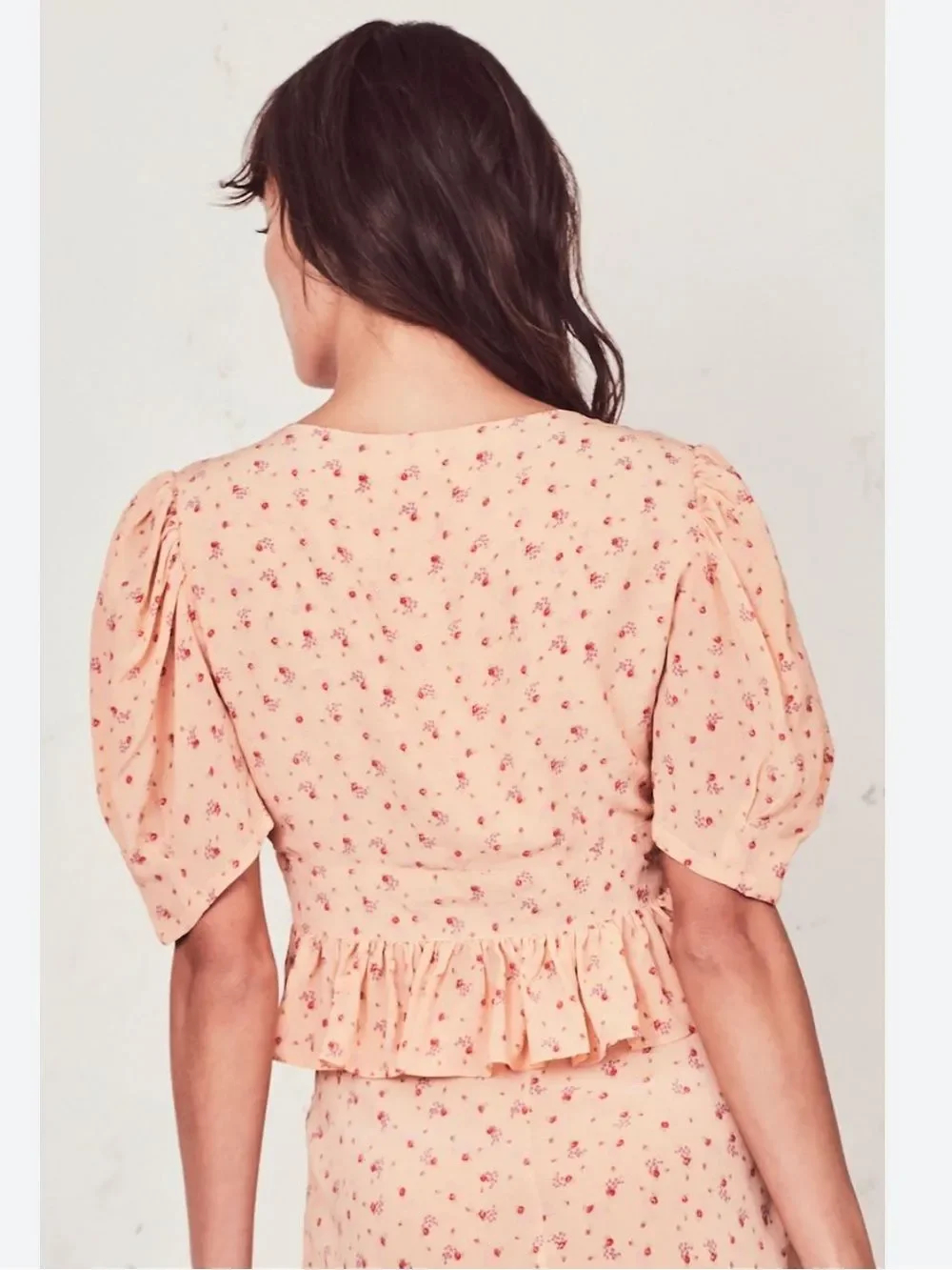LoveShackFancy Peach Floral V‑Neck Peplum Blouse Silk Sz M